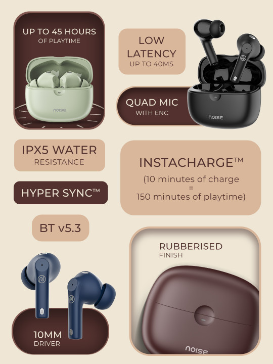 nois noiese buds nero truly wireless earbuds with rubberised finish, quad mic enc & 45h playtime nois noiese buds nero truly wireless earbuds with rubberised finish, quad mic enc & 45h playtime